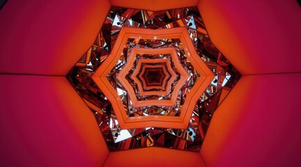 Fototapeta premium Complex mirrored structure creates infinite reflections. Angular facets display orange pink light patterns. Modern art installation evokes depth illusion. Abstract design inspires creativity