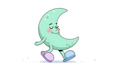 Cute Mint Green Crescent Moon Cartoon Character Hopping Joyfully with Colorful Shoes on a Clean White Background © American
