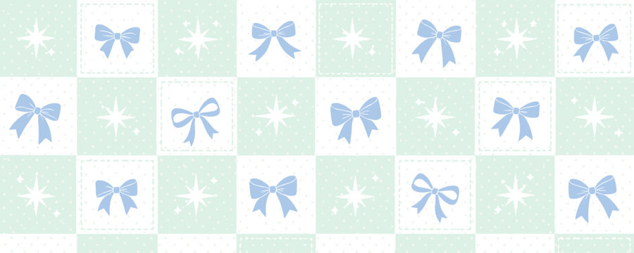 Seamless pattern with blue bows and sparkling stars on a pastel checkered background