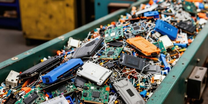Electronic components and circuits move along a conveyor belt at a recycling facility. Old tech parts get sorted for reuse or disposal. E-waste processing facility in operation.