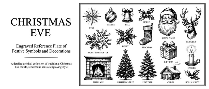 Festive engraved illustration set showcasing Christmas Eve symbols and decorations in a charming vintage style