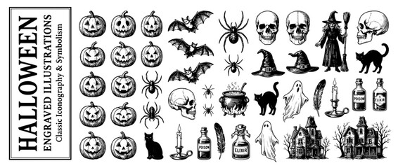 Obraz premium Engraved Halloween illustration set featuring classic symbols of the spooky season
