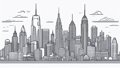 Fototapeta premium detailed architectural line drawing of a modern city skyline with diverse skyscrapers and urban landscape
