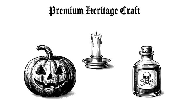 Engraved Halloween illustration set featuring a spooky pumpkin, flickering candle, and eerie poison bottle