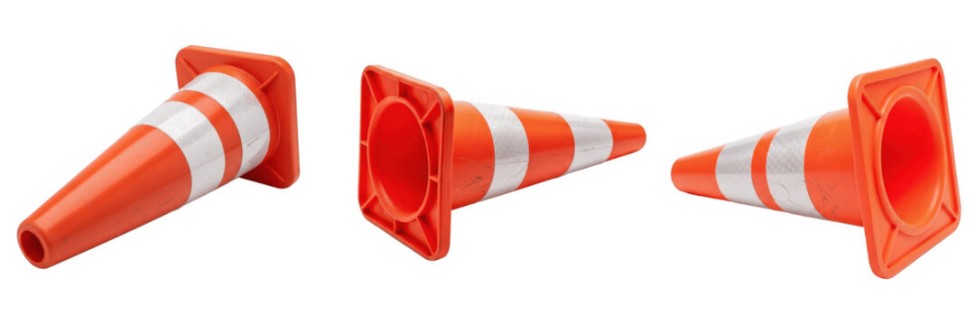 Set and Collection of bright orange traffic cone isolated on transparent PNG background
