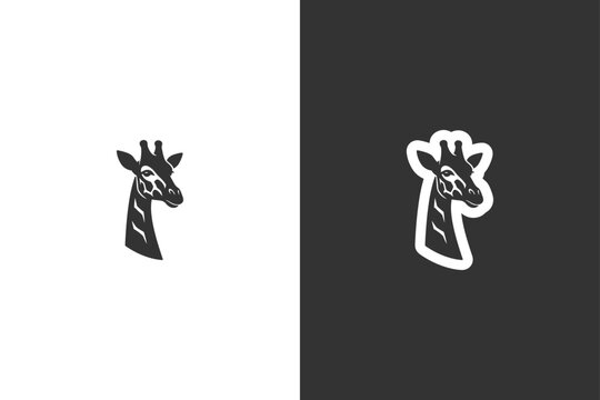 A stylized vector graphic showing two versions of a giraffe head silhouette on a split black and white background