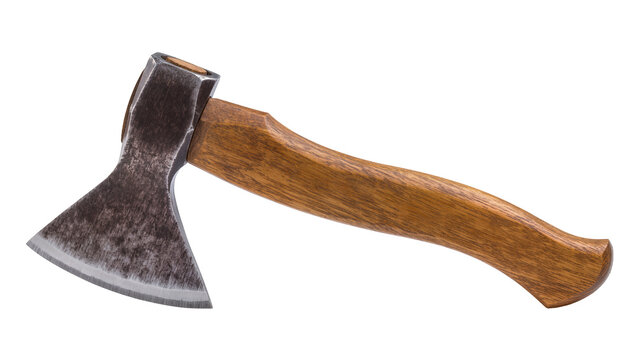 Isolated traditional hand axe with wooden handle and sharp metal blade for chopping wood