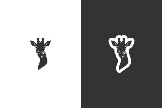 A high contrast minimalist graphic showing a giraffe head silhouette in black on white and white on black