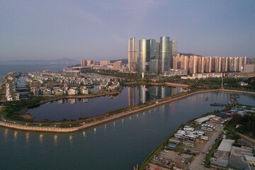 Fototapeta premium Aerial View of Wuyuan Bay Marina at Dawn, Xiamen China