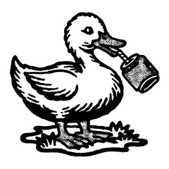 Fototapeta premium Charming duckling holding a colorful canister while standing on grass, ready for a day of playful adventures