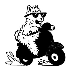 Obraz premium Engraved illustration of a joyful llama on a scooter wearing sunglasses in a whimsical, outdoor setting
