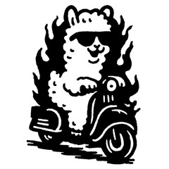 Obraz premium Engraved illustration of a cool, flaming llama riding a scooter in a playful and spirited design