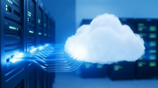 Cloud computing concept with digital data flow from servers in modern data center
