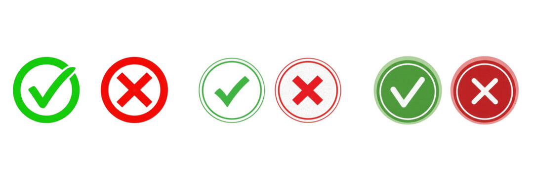 Set and Collection of green check mark and red X mark isolated on transparent PNG background