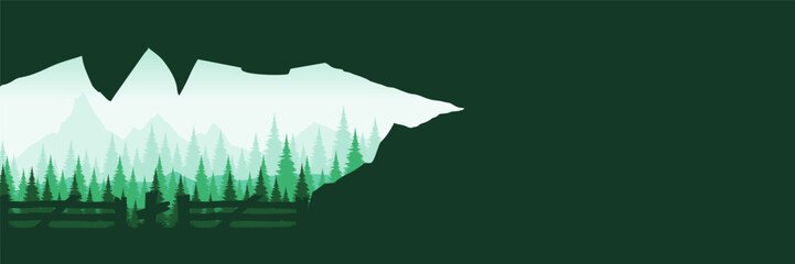 Fototapeta premium Mysterious misty pine woods graphic resource with dramatic dark cave framing