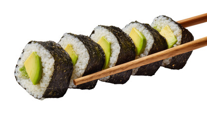 Isolated delicious avocado maki sushi rolls held by wooden chopsticks, healthy Japanese food meal © Ioana