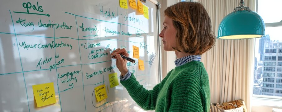 Woman brainstorming on a whiteboard with sticky notes during a business planning session in an office