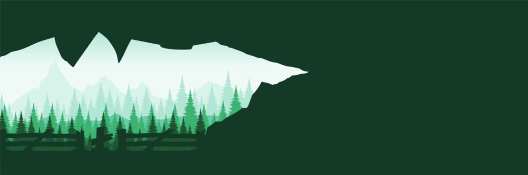 Mysterious misty pine woods graphic resource with dramatic dark cave framing
