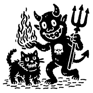 Darkly playful devil with cat revealing mischief in a whimsical engraved illustration