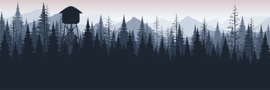 Modern minimalist vector scenery banner featuring moody monochrome woods and watchtower