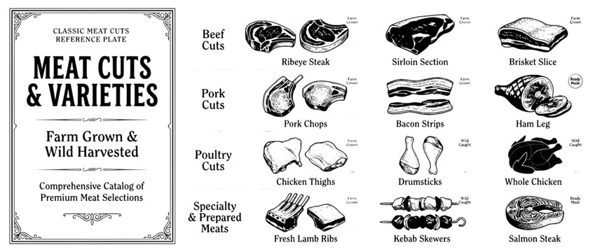 Engraved illustration set of classic meat cuts showcasing farm-grown and wild harvested varieties in detailed vector art