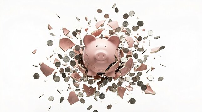 Pink piggy bank explodes with coins flying everywhere