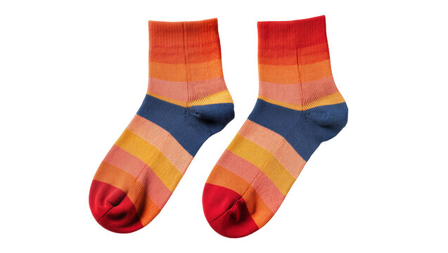 Isolated pair of colorful striped socks for men, women, or kids, comfortable cotton knitwear