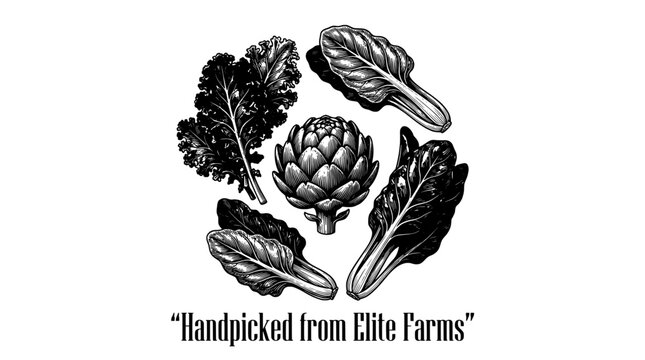 Engraved illustration of fresh vegetables showcasing handpicked harvest from Elite Farms in a unique circular design