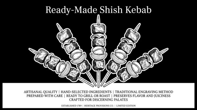 Handcrafted engraved illustration of ready-made shish kebab showcasing artisanal quality and traditional grilling techniques