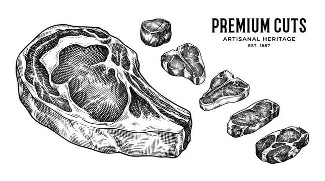 Engraved illustration of premium meat cuts showcasing artisanal style and intricate details from the past