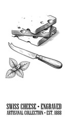 Engraved illustration of Swiss cheese with a knife and fresh herbs from a timeless artisanal collection © Pawellpi Design