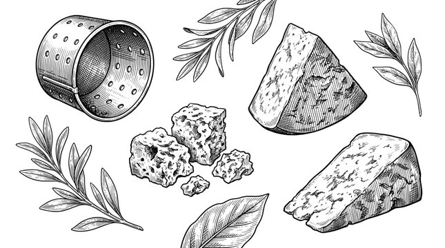 Engraved illustration of assorted cheeses with delicate herbs, showcasing artisanal art in a rustic setting