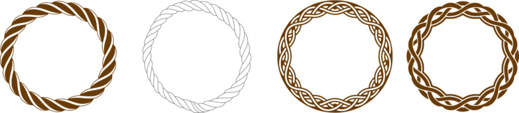 Rope circle frame set four decorative twisted braided cord border styles vector illustration