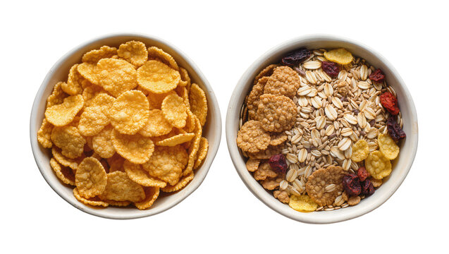 Isolated bowls of classic cornflakes and healthy granola cereal breakfast from above