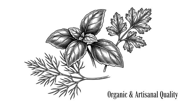 Engraved illustration featuring fresh herbs like basil, cilantro, and dill in fine detail in a vintage style