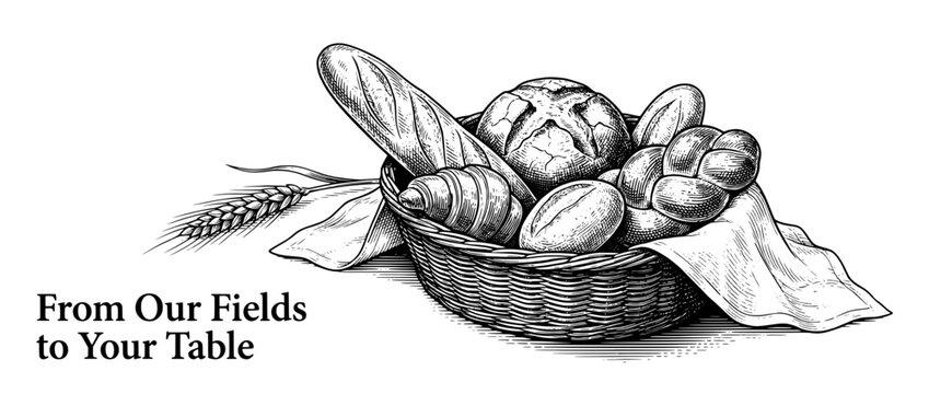 Beautiful engraved illustration of fresh baked goods and agricultural bounty in a woven basket showcasing nature's harvest