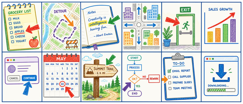 Collage of business and life planning illustrations with colorful crayon texture