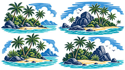 Obraz premium Tropical island scenes with palm trees, rocks, and ocean waves