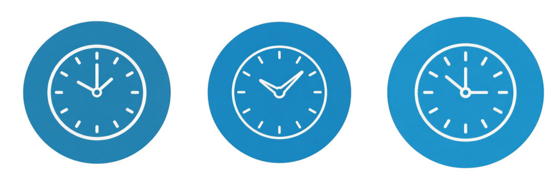 Set and Collection of modern blue office wall clock isolated on transparent PNG background