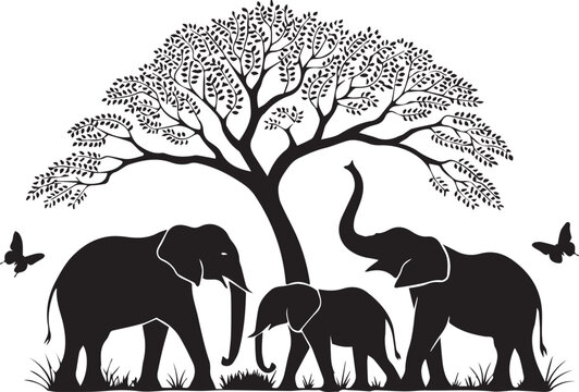 Black silhouettes of elephant family under tree isolated on white background