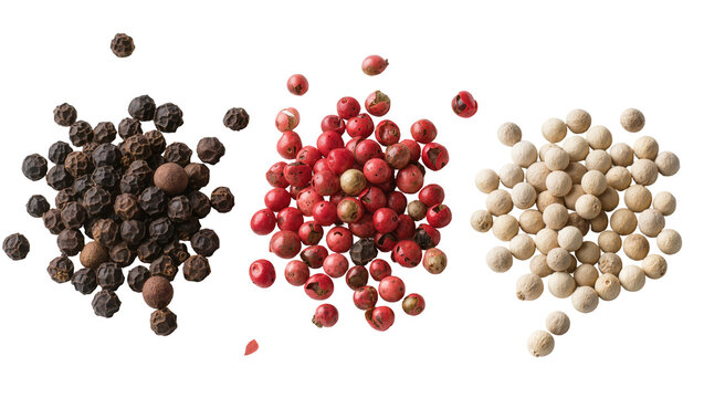 Isolated black, red, and white peppercorns in a dynamic arrangement, culinary spice mix