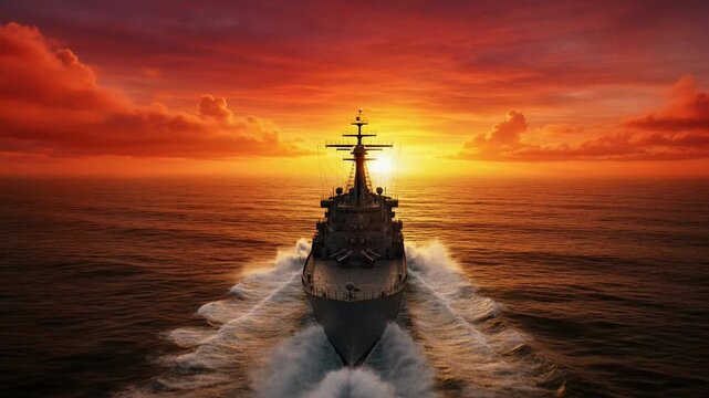 Powerful naval battleship sailing through rough ocean waves at sunset silhouette of military warship patrolling open sea with dramatic sky and clouds