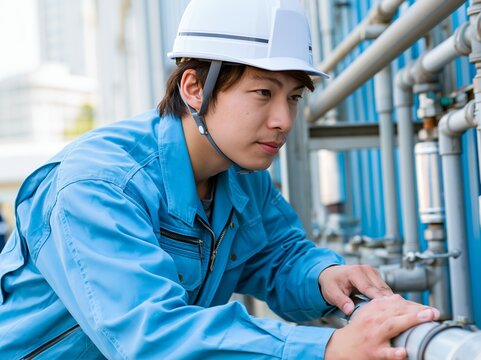 ヘルメット姿の日本人男性が工場で配管を点検確認する様子