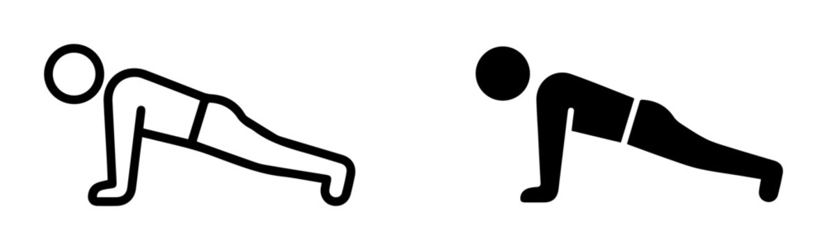 Fitness Icons: Person Doing Push-ups, Silhouette and Outline, Exercise Graphics
