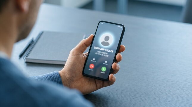 Man holding smartphone with incoming call on screen at desk  