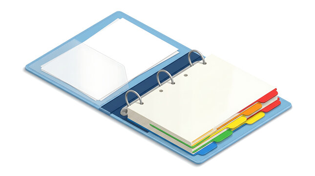 Open blue threering binder with colorful index dividers and blank paper sheets