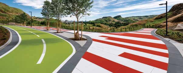 Fototapeta premium Vibrant urban park with curving green bike lane and bold red-striped pedestrian path