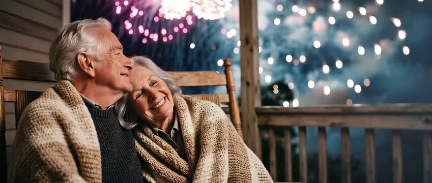 Senior man and woman watching fireworks on patio during Independence Day. Elderly couple sitting in rocking chairs wrapped in blanket celebrating national holiday.