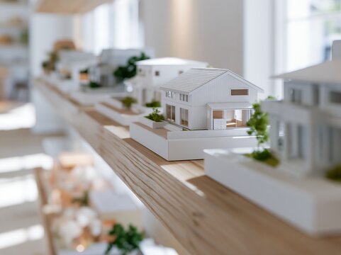 デザイン性の高い白い家の模型が並ぶマイホーム探しの展示風景
