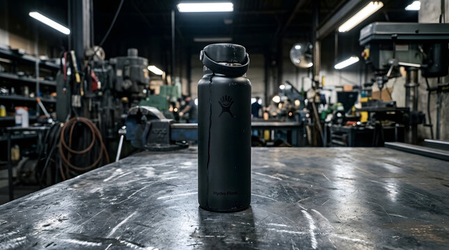 Black Hydro Flask water bottle on a metal workbench in a workshop